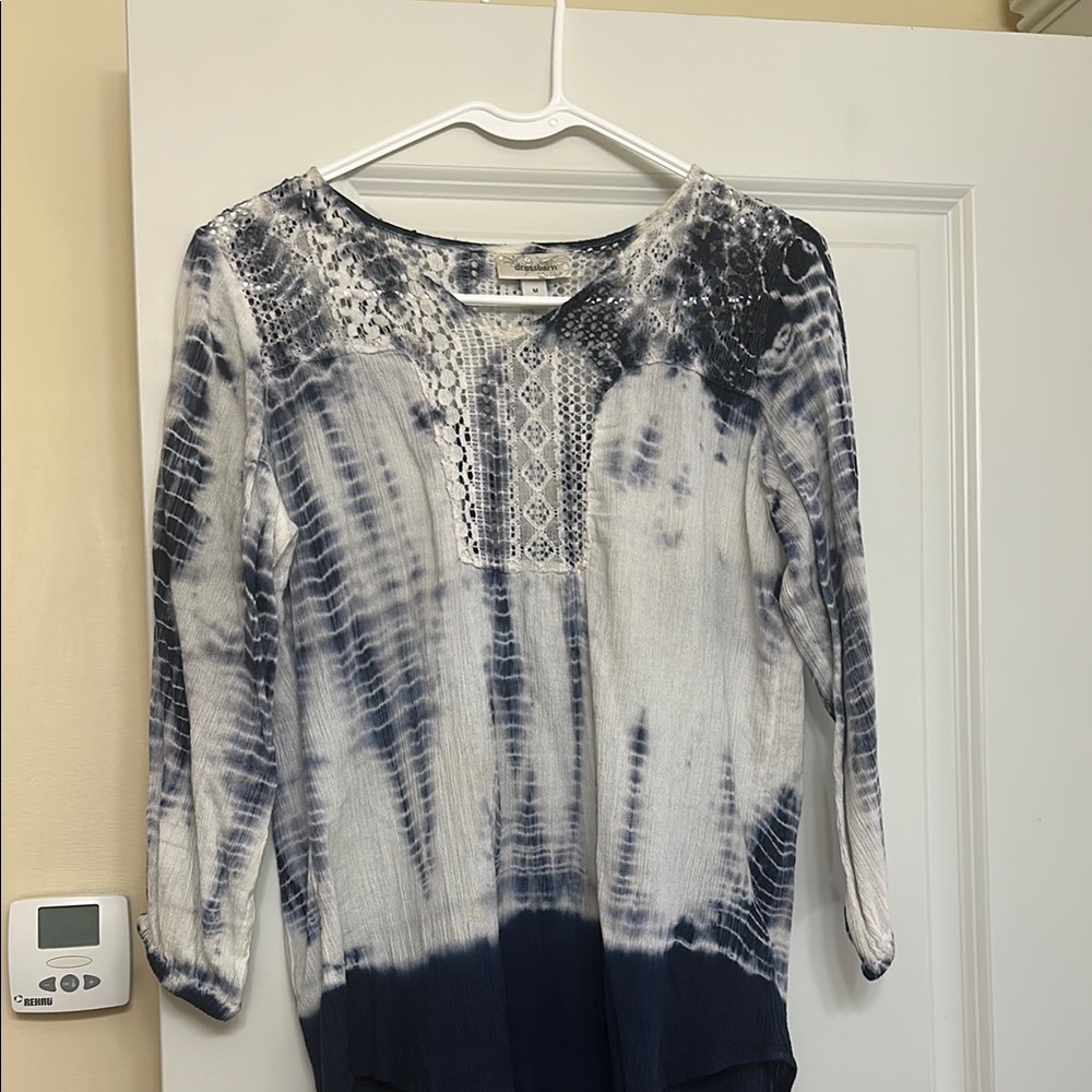 dressbarn Navy and White Tie-Dye Blouse